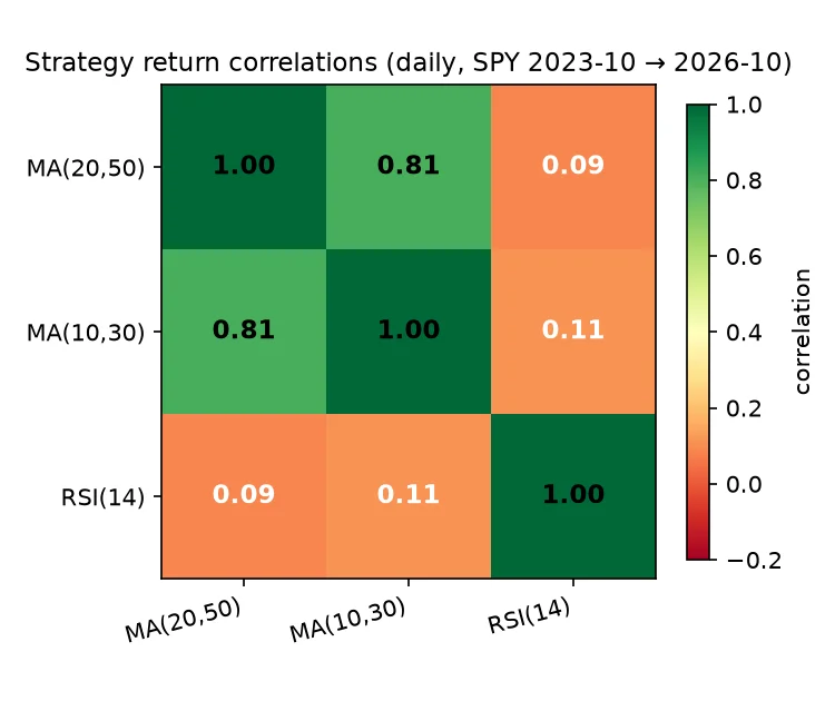 Strategy return correlations: the two MAs move together (0.81), RSI marches alone (~0.10)